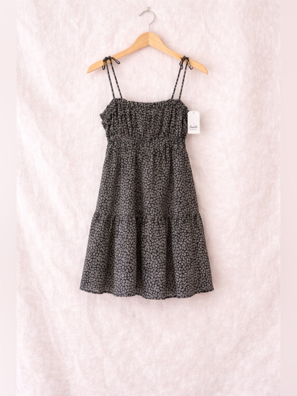 Madewell Black Floral Smocked Mini Dress Size 6 NWT Tie Back
